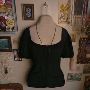 Y2K Faux Lace Up Corset Blouse Women's Large Black Puff Sleeve Vintage